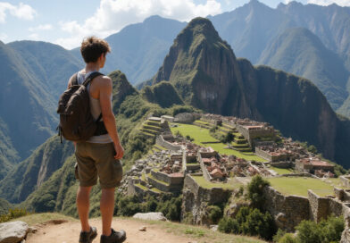 Young backpacker admiring Inca ruins in Ollantaytambo, Peru