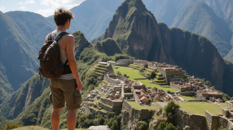 Young backpacker admiring Inca ruins in Ollantaytambo, Peru