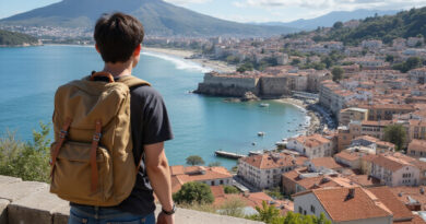 Young backpacker exploring scenic beauty of Porto and Ras, Chile