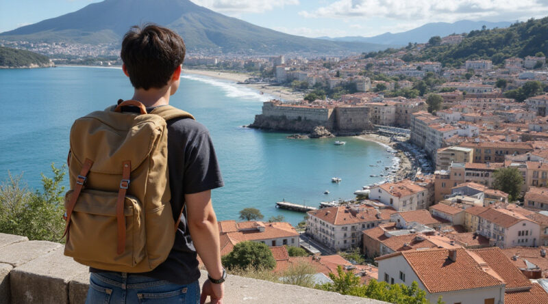 Young backpacker exploring scenic beauty of Porto and Ras, Chile