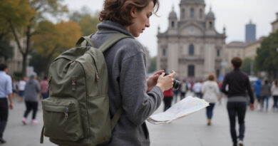 Young backpacker exploring recommended hostels in Santiago, Chile.