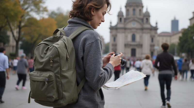 Young backpacker exploring recommended hostels in Santiago, Chile.