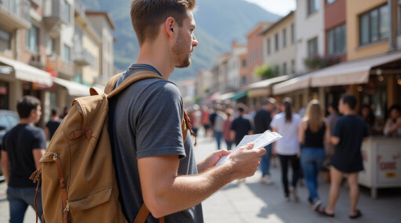 Young backpacker exploring vibrant town center of Viña del Mar, Chile