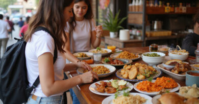 Backpackers enjoying Peruvian cuisine in bustling Lima market