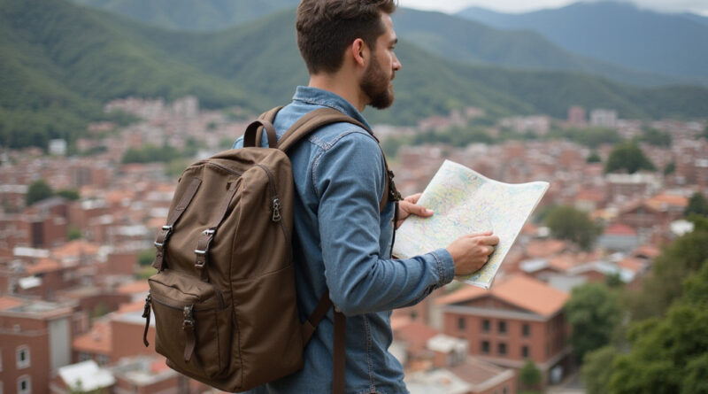 Young backpacker exploring Manizales, Colombia with map in hand