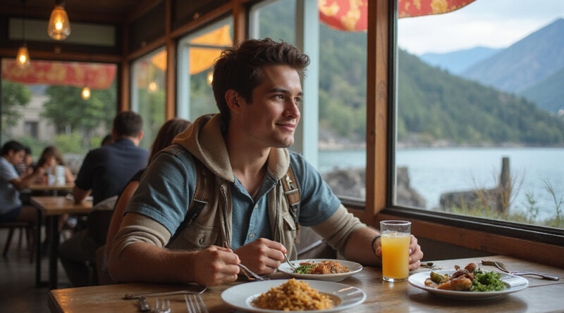 Young backpacker enjoying meal at vibrant מסעדות בפוקון צ'ילה