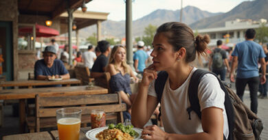 Young backpacker enjoying meal at outdoor restaurant in Arica, Chile.