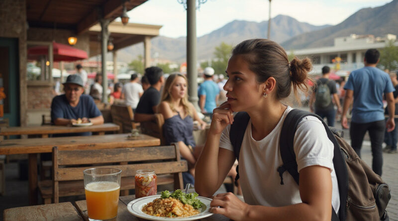 Young backpacker enjoying meal at outdoor restaurant in Arica, Chile.
