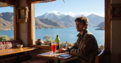 Backpacker enjoying meal in מסעדות באגם טיטיקקה פרו with lake view