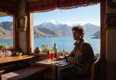 Backpacker enjoying meal in מסעדות באגם טיטיקקה פרו with lake view