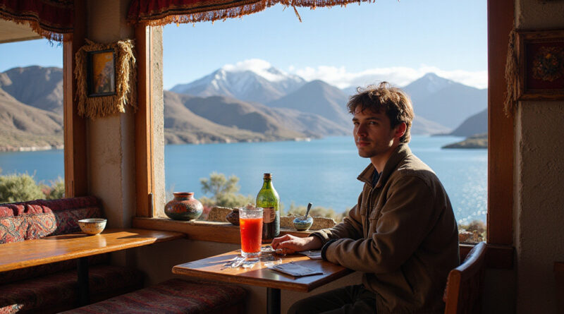 Backpacker enjoying meal in מסעדות באגם טיטיקקה פרו with lake view