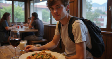 Young backpacker enjoying traditional meal in מסעדות בלה סרנה צ'ילה