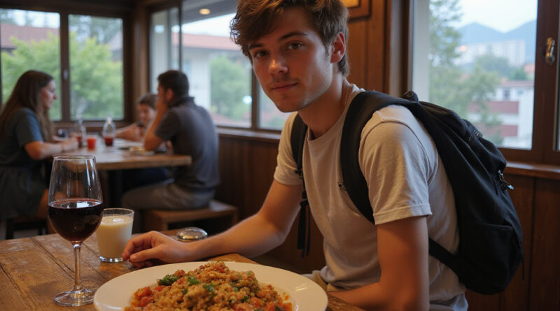 Young backpacker enjoying traditional meal in מסעדות בלה סרנה צ'ילה