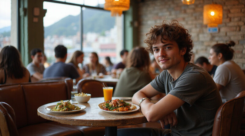 Young backpacker in lively מסעדות בבוגוטה קולומביה showcasing Latin cuisine