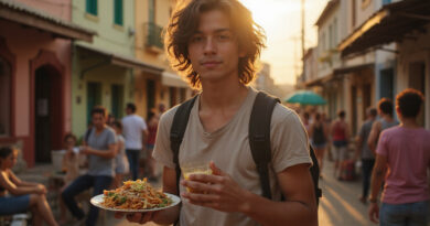 Backpacker exploring vibrant streets and מסעדות באולינדה ברזיל