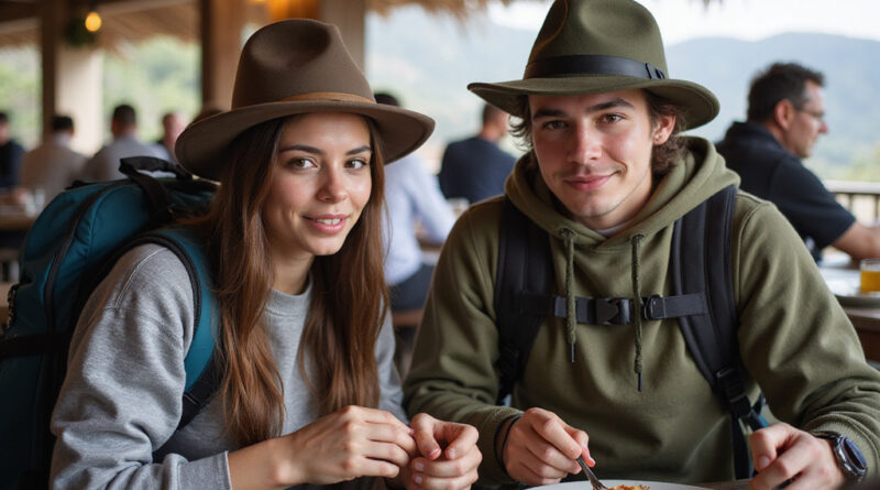 Backpackers enjoying local cuisine at Bucalemu, Chile restaurant