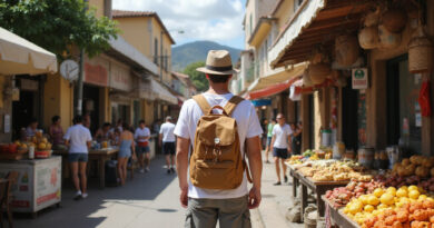 Young backpacker exploring traditional מסעדות בפלוריאנופוליס ברזיל street scene.