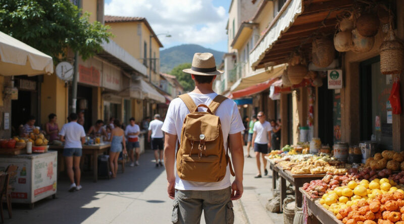 Young backpacker exploring traditional מסעדות בפלוריאנופוליס ברזיל street scene.