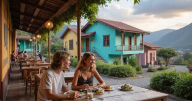 Backpackers enjoying meal in colorful Guatape Colombia restaurant