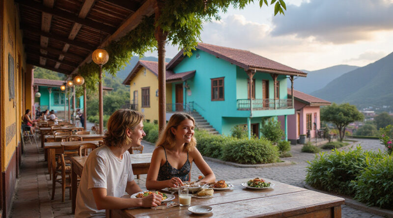 Backpackers enjoying meal in colorful Guatape Colombia restaurant