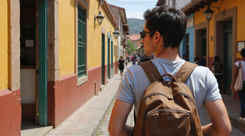 Backpacker admiring architecture and מסעדות בארקיפה פרו exterior.