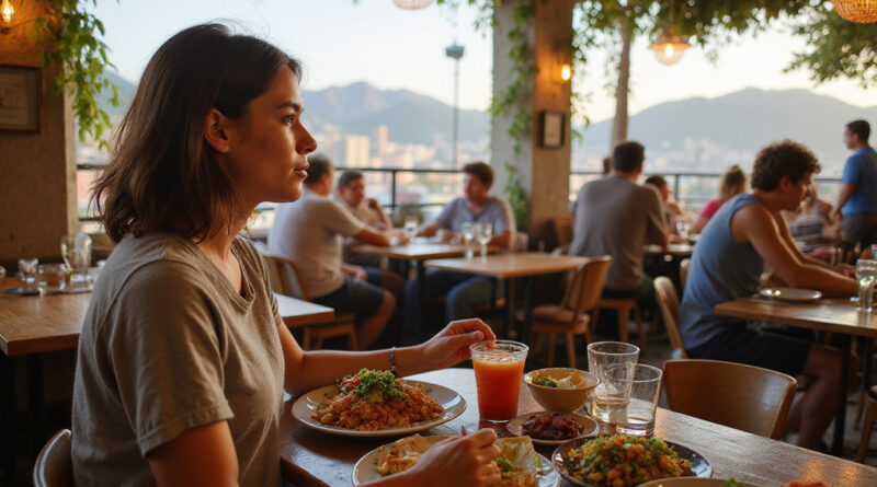 Young adult backpacker enjoying מסעדות בגרנדהברזיל scene