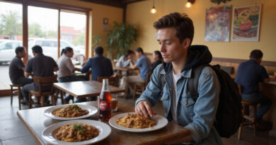 Backpacker enjoying food at a local restaurant in Huarez, Peru