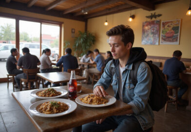 Backpacker enjoying food at a local restaurant in Huarez, Peru