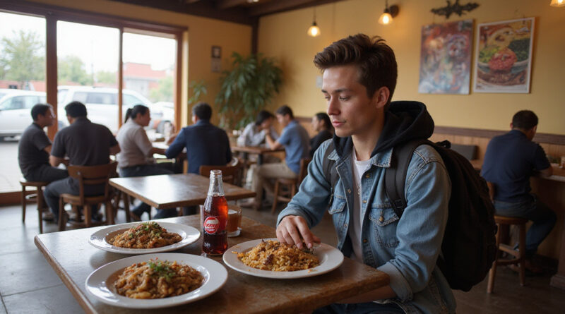 Backpacker enjoying food at a local restaurant in Huarez, Peru