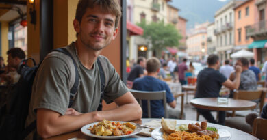 Backpacker enjoying traditional cuisine in מסעדות באיקה פרו.