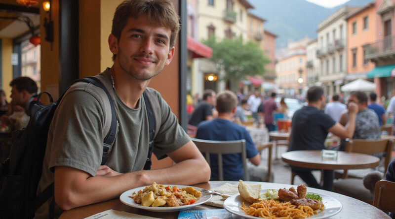 Backpacker enjoying traditional cuisine in מסעדות באיקה פרו.