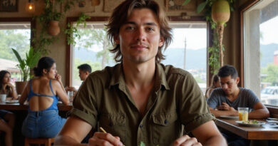 Backpacker enjoying meal at a local restaurant in Manaus, Brazil