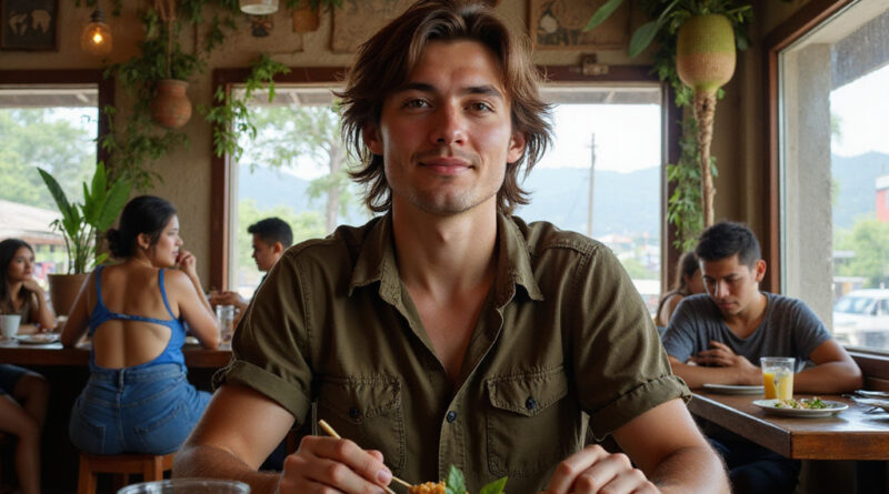 Backpacker enjoying meal at a local restaurant in Manaus, Brazil