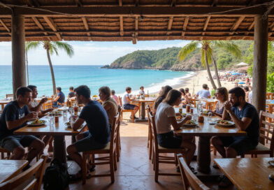 Backpackers enjoying meal at Latin American restaurant in Mancora, Peru