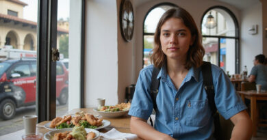 Young adult backpacker in a modern restaurant in Popayan, Colombia