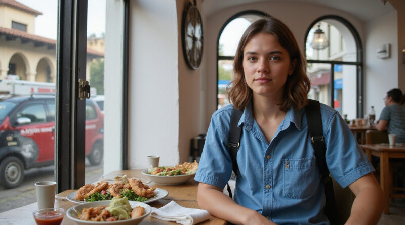 Young adult backpacker in a modern restaurant in Popayan, Colombia