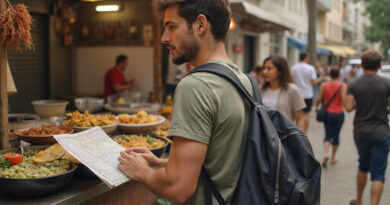 Backpacker exploring street food stalls in Fortaleza Brazil