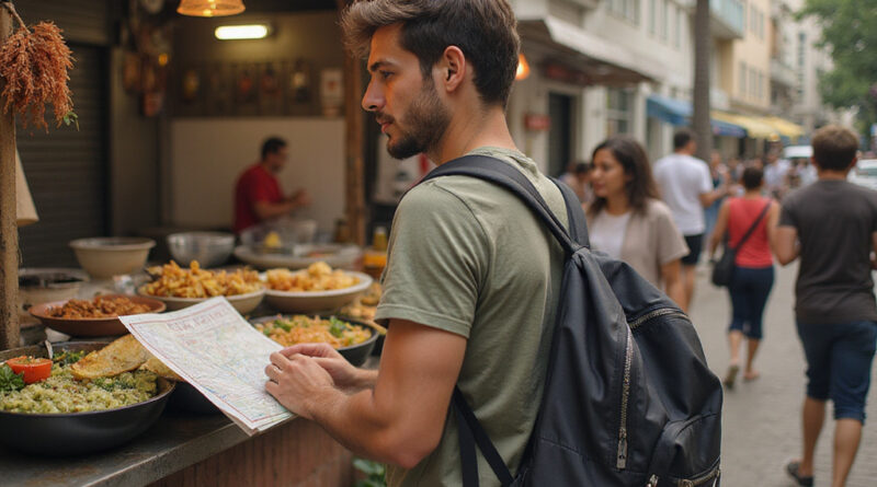 Backpacker exploring street food stalls in Fortaleza Brazil