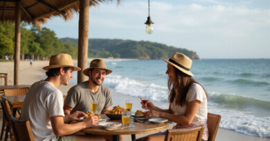 Young backpackers dining at popular מסעדות בנטל ברזיל beachfront restaurant