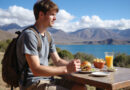 Backpacker enjoying meal at מסעדות באגם טיטיקקה פרו with scenic view