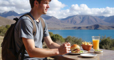 Backpacker enjoying meal at מסעדות באגם טיטיקקה פרו with scenic view