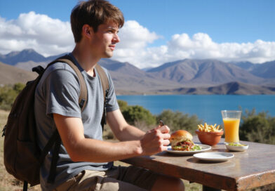 Backpacker enjoying meal at מסעדות באגם טיטיקקה פרו with scenic view