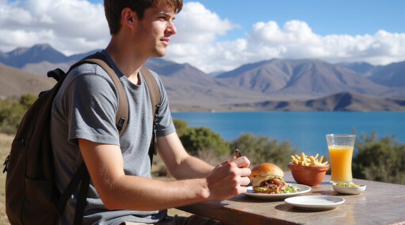 Backpacker enjoying meal at מסעדות באגם טיטיקקה פרו with scenic view