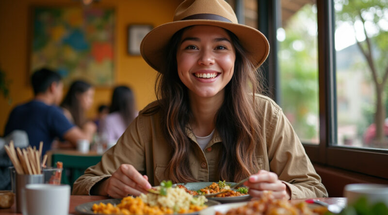 Young backpacker enjoying local dishes in מסעדות בקפורגנה קולומביה.
