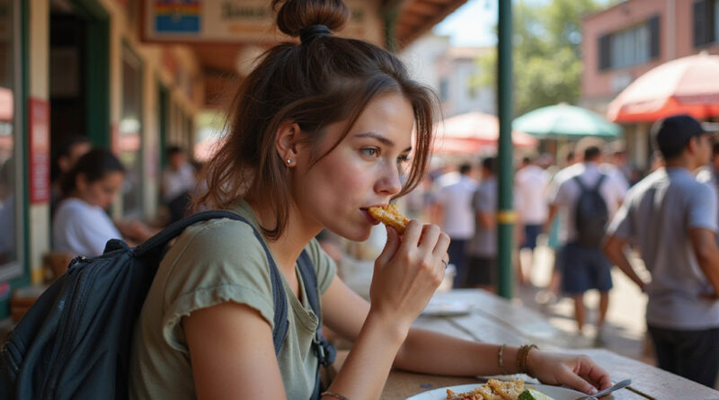 Backpacker enjoying local cuisine at מסעדות בקויאבה ברזיל