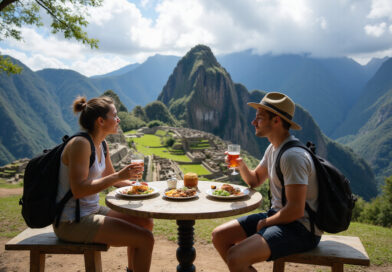 Backpackers enjoying meal at one of the מסעדות במאצ'ו פיצ'ו פרו with scenic view