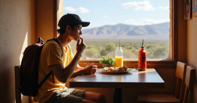 Backpacker enjoying meal in vibrant Nasca Peru restaurant