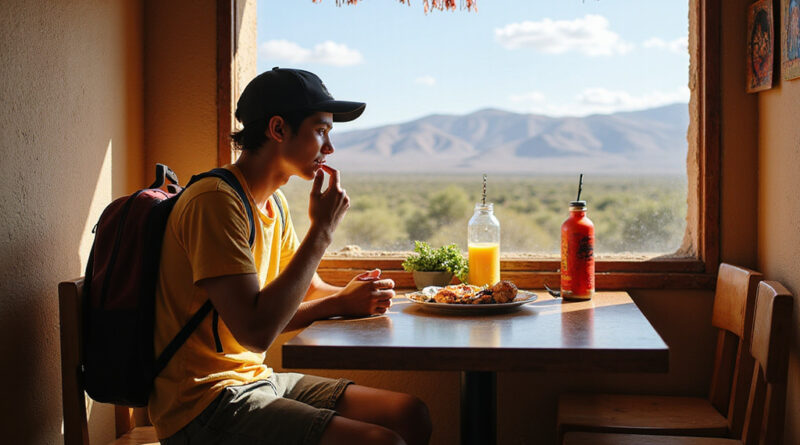 Backpacker enjoying meal in vibrant Nasca Peru restaurant