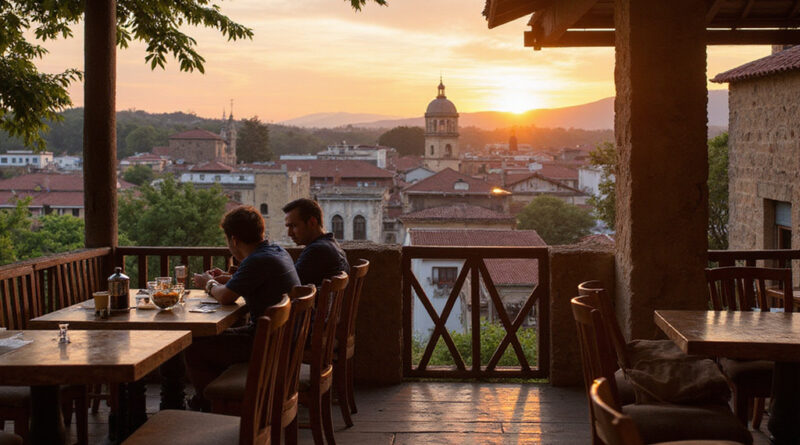 Backpack travelers enjoying meal at מסעדות בנואבה ונציה קולומביה during sunset
