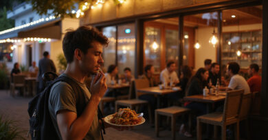 Backpacker enjoying local food at Puerto Montt restaurant in Chile
